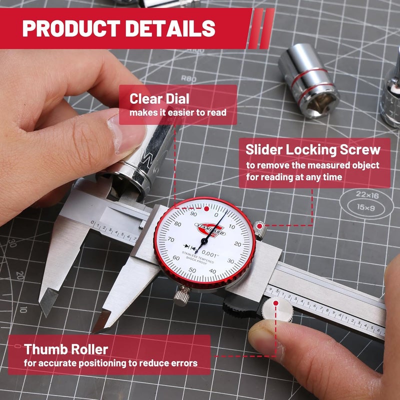 Standard Gage أداة قياس كاليبر دial SAE بمدى 0-6"، ميكرومتر دقيق تناظري بدقة ±0.001"، كاليبر معدني ميكانيكي يدوي من الفولاذ المقاوم للصدأ مع قياسات بأربعة اتجاهات - Image 4